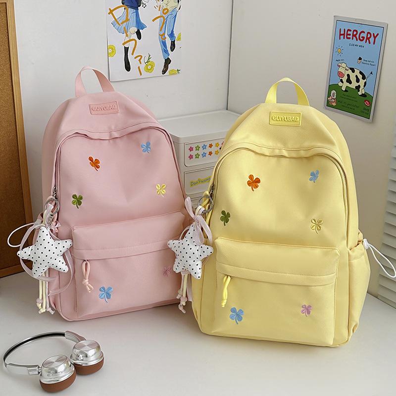 Schoolbag New Middle and High School Student Schoolbag College Style High Value Solid Color Embroidery Large Capacity Backpack Lightweight Backpack