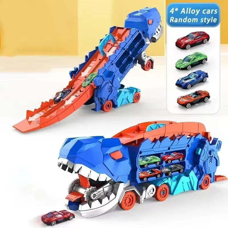 Transport Dinosaur Truck with Foldable into Standing Transforms Sliding Race Track T-rex Best Birthday Gifts Toys Boys And Girls