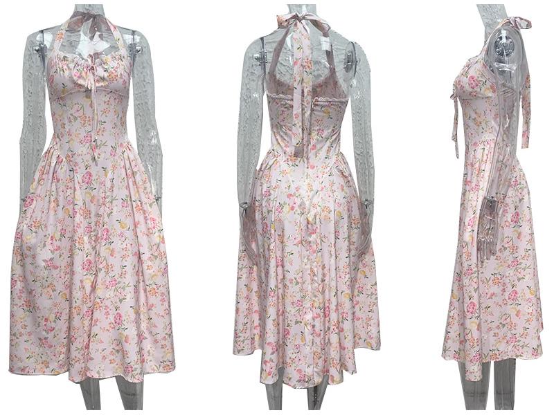 2025 European & American Style Summer Slim Spaghetti Strap Printed Halter Lace Dress