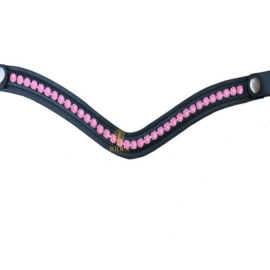 Wonderful Pink Stone Clear Crystal Leather Bridle Browband Snap All Sizes .