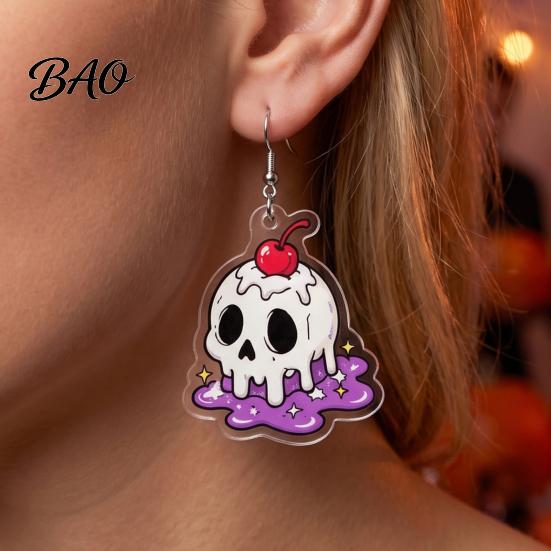 Novel Cute Earring 1 Pair Acrylic Halloween Earrings for Women, 2D Flat Cartoon Jewelry Ghost Skull Dangle Drop Earrings, Holiday Gifts Costume