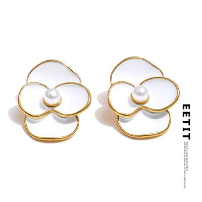 White Enamel Pearls Flower Stud Earrings for Women Golden Stainless Steel Daily Fashion Jewelry Recommend Gift