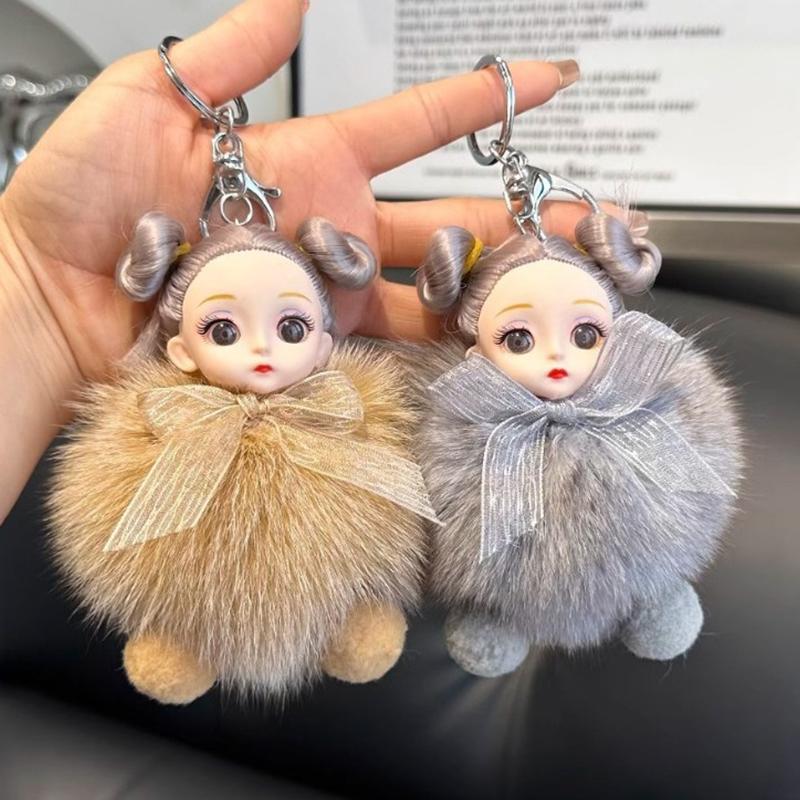 Cute Pompom Keychain Plush Ball Keyring Doll Pendant  Key Holder Chain For Car Key Ring