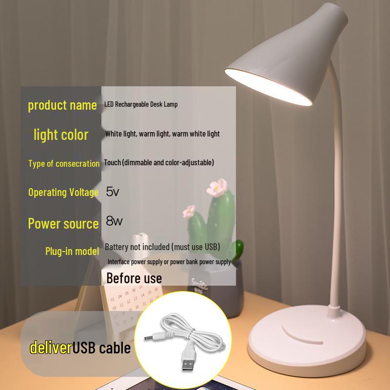 LED Desk Lamp with Eye Protection, Three-Level Dimming, USB Charging & Plug-in, Dual Use for Bedroom or Dorm.