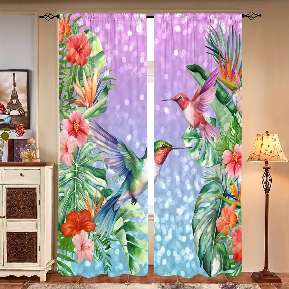 Hummingbird and Flowers Print Light-Filtering Curtain Panels 2 Piece Polyester Rod Pocket  Decorative Curtains for Bedroom