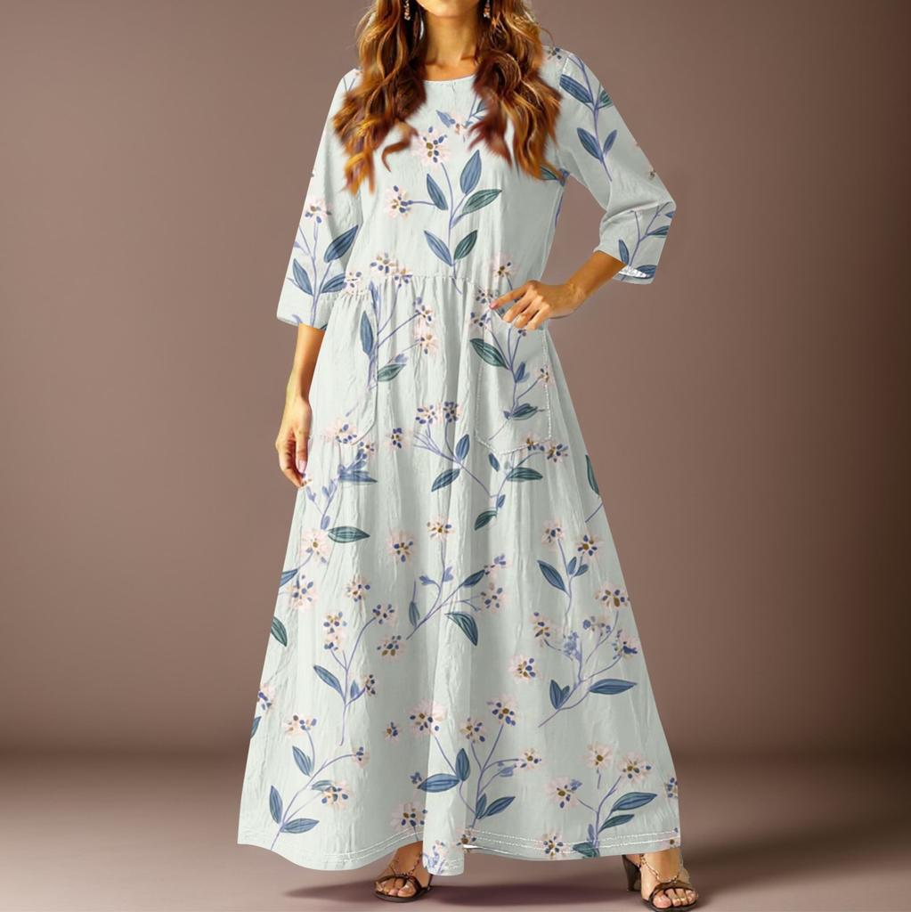 Women's Casual Fashion Vintage Floral Print Three-quarter Sleeve Long Dress With Pockets