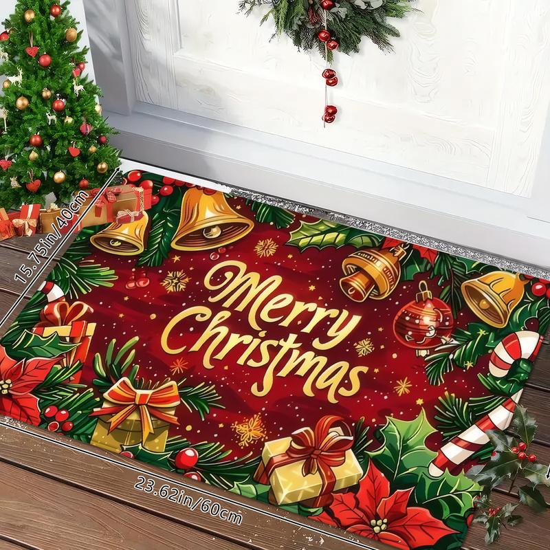 VIKAMA Merry Christmas Doormat Cartoon Bell Gift Candy Print Machine Washable Non-Slip Entryway Home Decor Mat