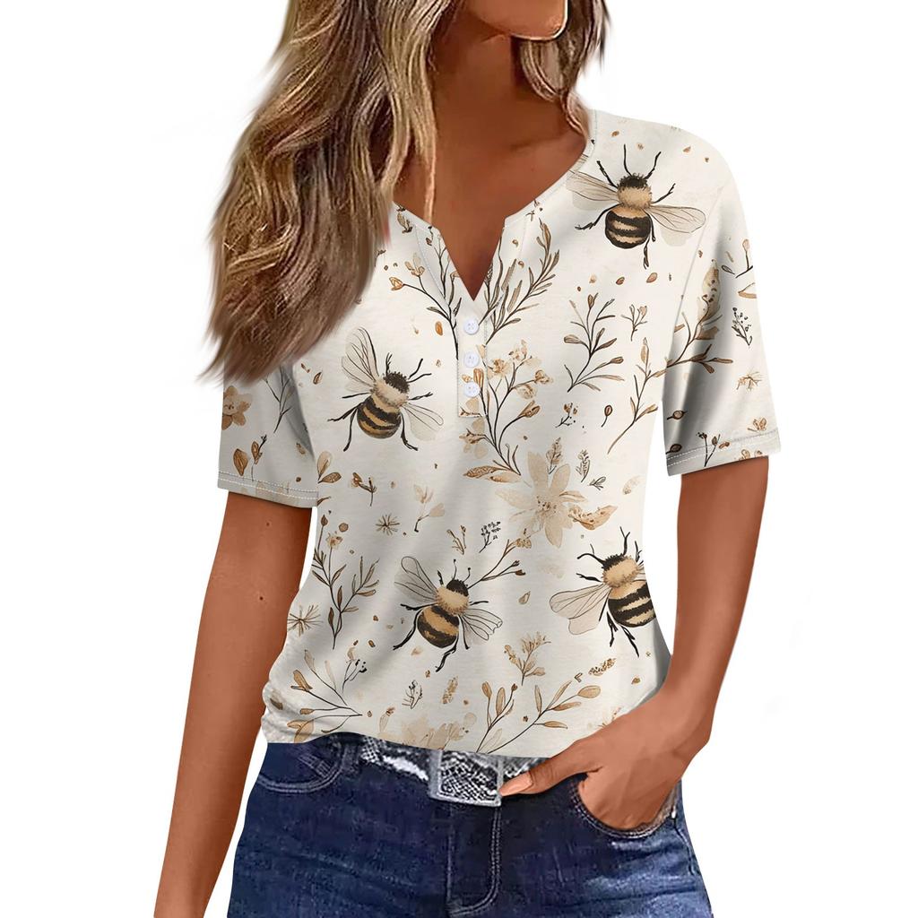 Women's T Shirt Tee Print Button Short Sleeve Daily Weekend Fashion Basic V- Neck Regular Top Summer