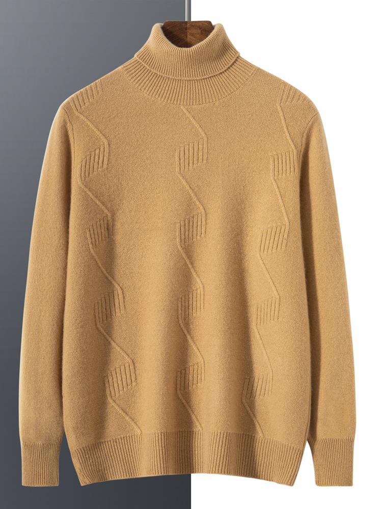 Suéter Masculino de Cashmere de Gola Alta com Fio Duplo - Grosso, Manga Longa, Tamanho Grande, Tricô de Cor Pura