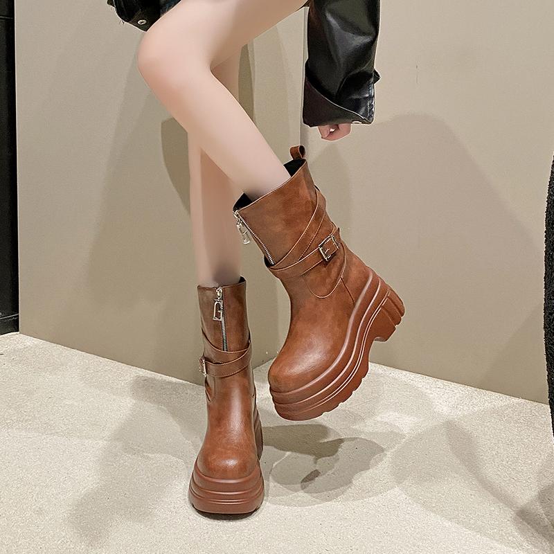 Women Platform Motorcycle Boots 9CM Wedges Heels Leather Mid Calf Boots Woman Winter Warm Fur Chunky Sneakers Gothic Botas Mujer
