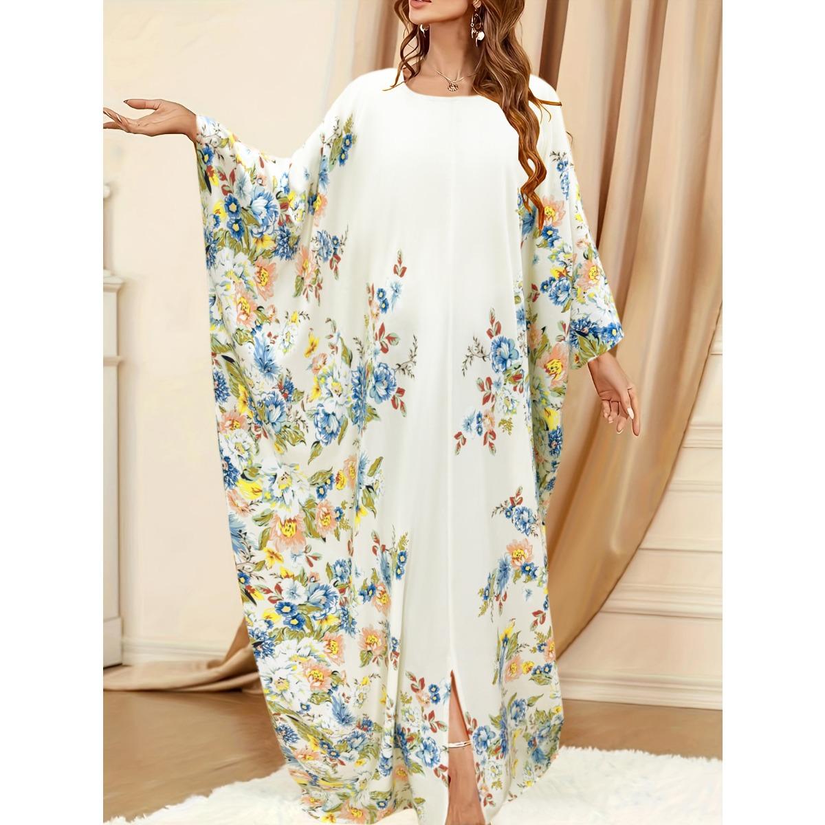 

Кафтан с круглым вырезом и цветочным принтом Рамадана, элегантное платье макси с рукавами «летучая мышь», женская одежда One-size