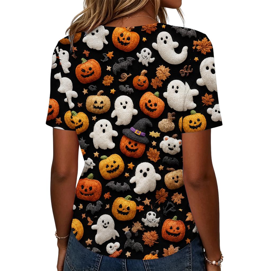 Women's Casual Loose Fit Halloween Print T-Shirt Short Sleeve Crew Neck Top Comfortable Lightweight Fabric All Over Graphic Design