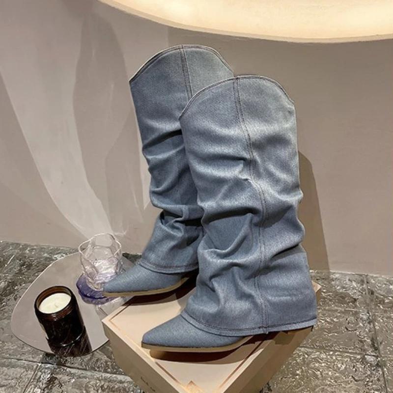 Fashion Pleated Blue Denim Boots Fashionable Women's Chelsea Boots Autumn Winter Mid-heeled Boots 2025 New Women Shoes Botas Altas Mujer