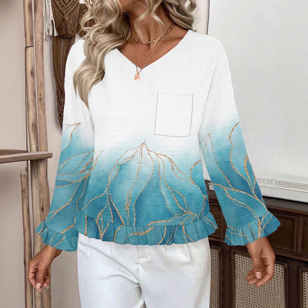 Women's Casual Fashion Ruffle V-Neck Pocket Print Long Sleeve Top