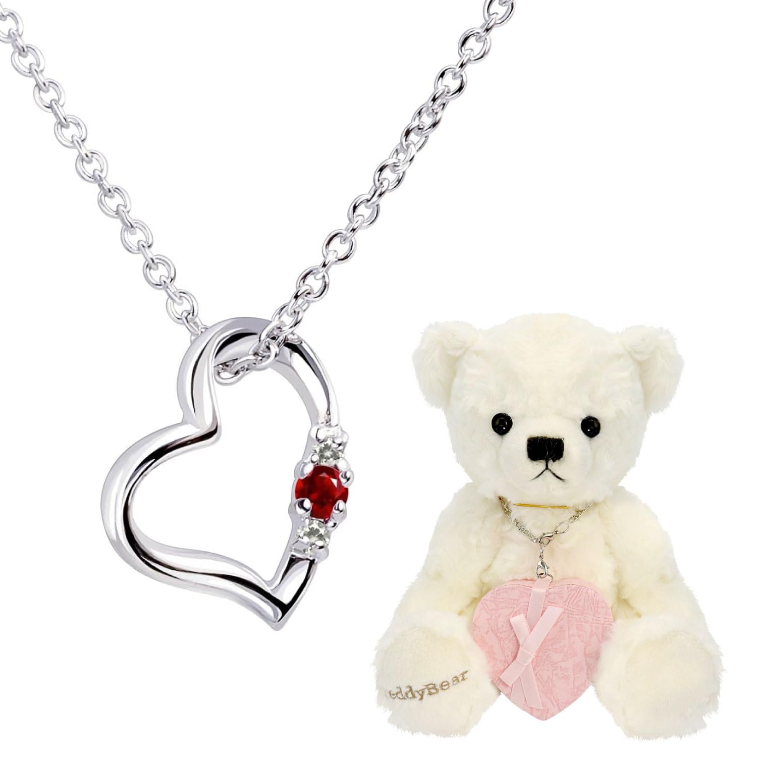 Natural Diamond Heart Necklace for Teddy Bear Plush Toy January Birthstone Pearl White Bear [Sears] Women, Set, Garnet,