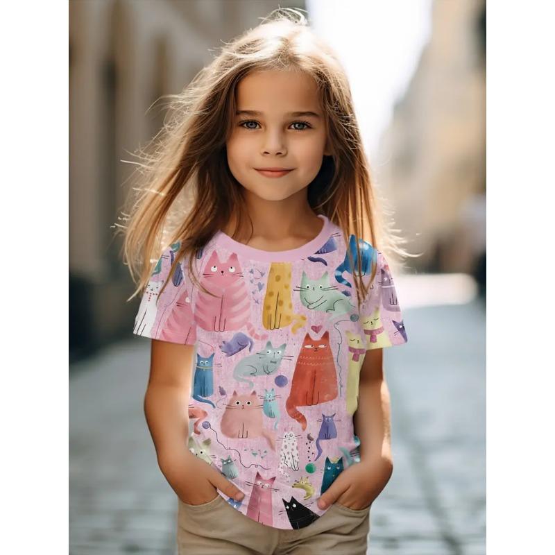 Buntes Katzenmädchen T-Shirt Niedliche Muster Sommer Kurzarm 3D Druck Mädchen Oberteil Mode Lässig Streetwear Kinderkleidung