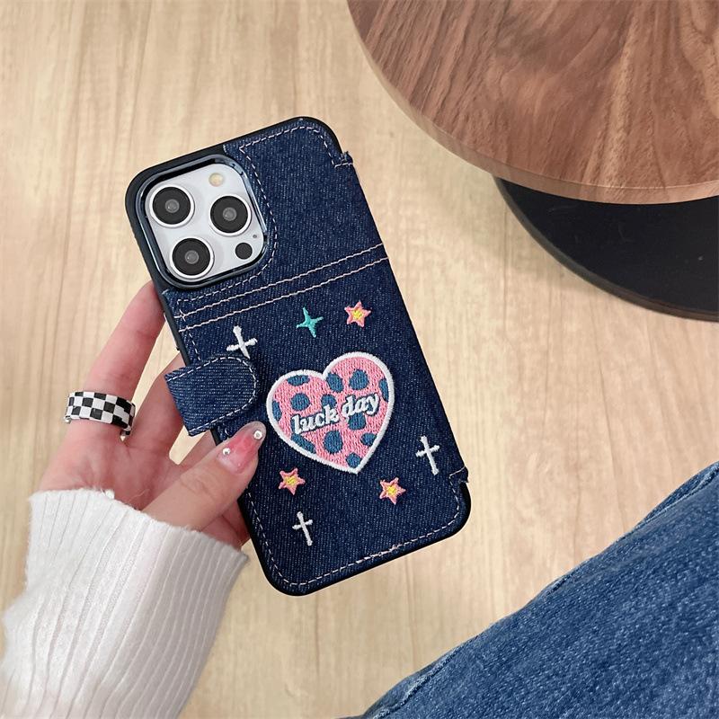 Apple 17promax denim flip phone case iphone16 lanyard love 15 for 14 embroidered protective case
