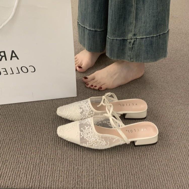 

2025 Summer Slippers High Heels Women s Sandals Pointed Toe Bow Mules Shoes Woman Marie Janes Elegant Chunky Pumps Dress Slides 35