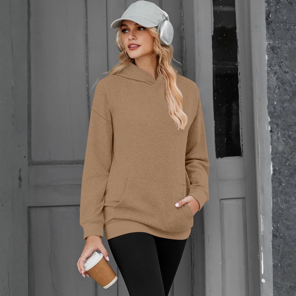 Women's Casual Color Pullover Hoodie with Drop Shoulders and Long Sleeves for Everyday Wear
