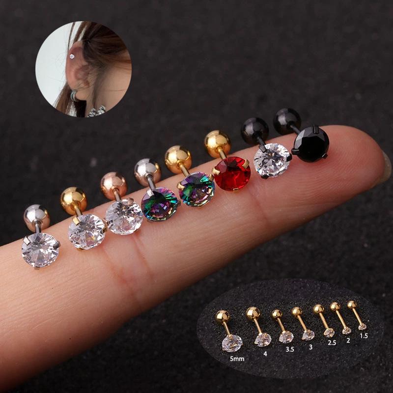 0.8mm Thick Minimalist Zircon 3-Prong Stud Earrings, Stainless Steel Screw for Ear Cartilage, Available in 1.5-5mm.