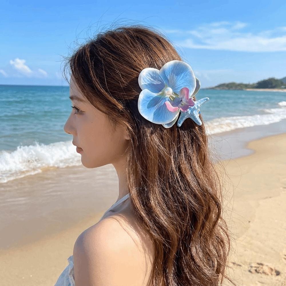 Vintage Orchid Flower Hairpin Sweet Design Resin Starfish Hair Clip Pearl Hair Clip  Seaside Wear