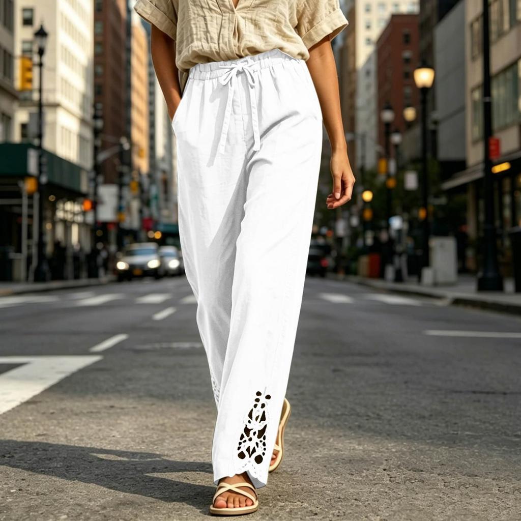 Women's Casual High Waisted Color Lace Trim Pants with Pockets