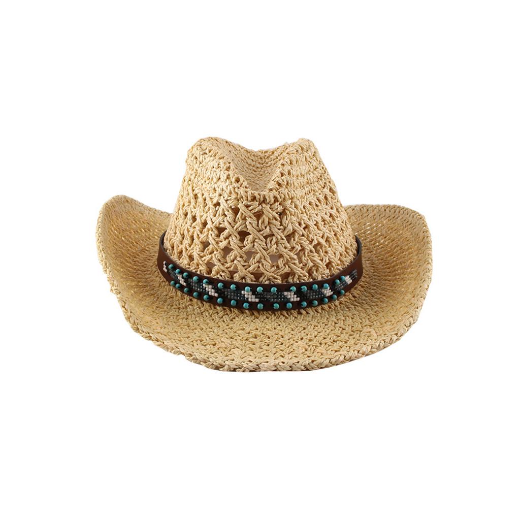 Hollow Out Bead Belt Decor Western Cap for Outdoor, Beach, Party Women Wide Brim Straw Cowgirl Hat Stylish Panama Beach Caps