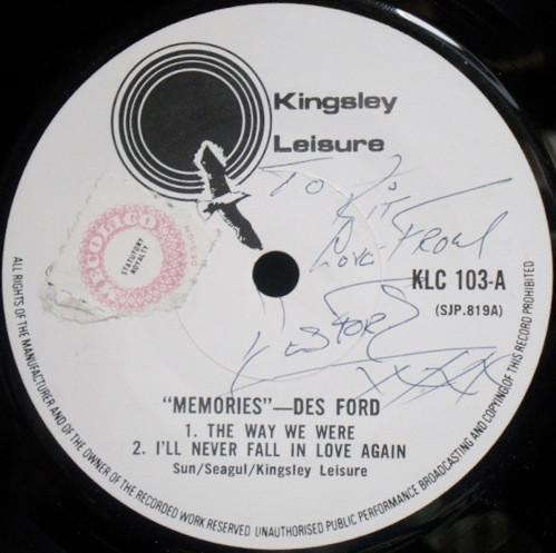 

7inch Record DES FORD - Memories KLC103 Kingsley Leisur 1980 UK Pop Used