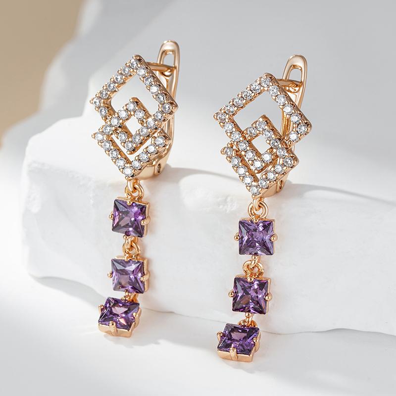 Fashion  Rose Gold Long Drop Earrings For Women Unique Purple Natural Zircon Accessories Bride Wedding Jewelry