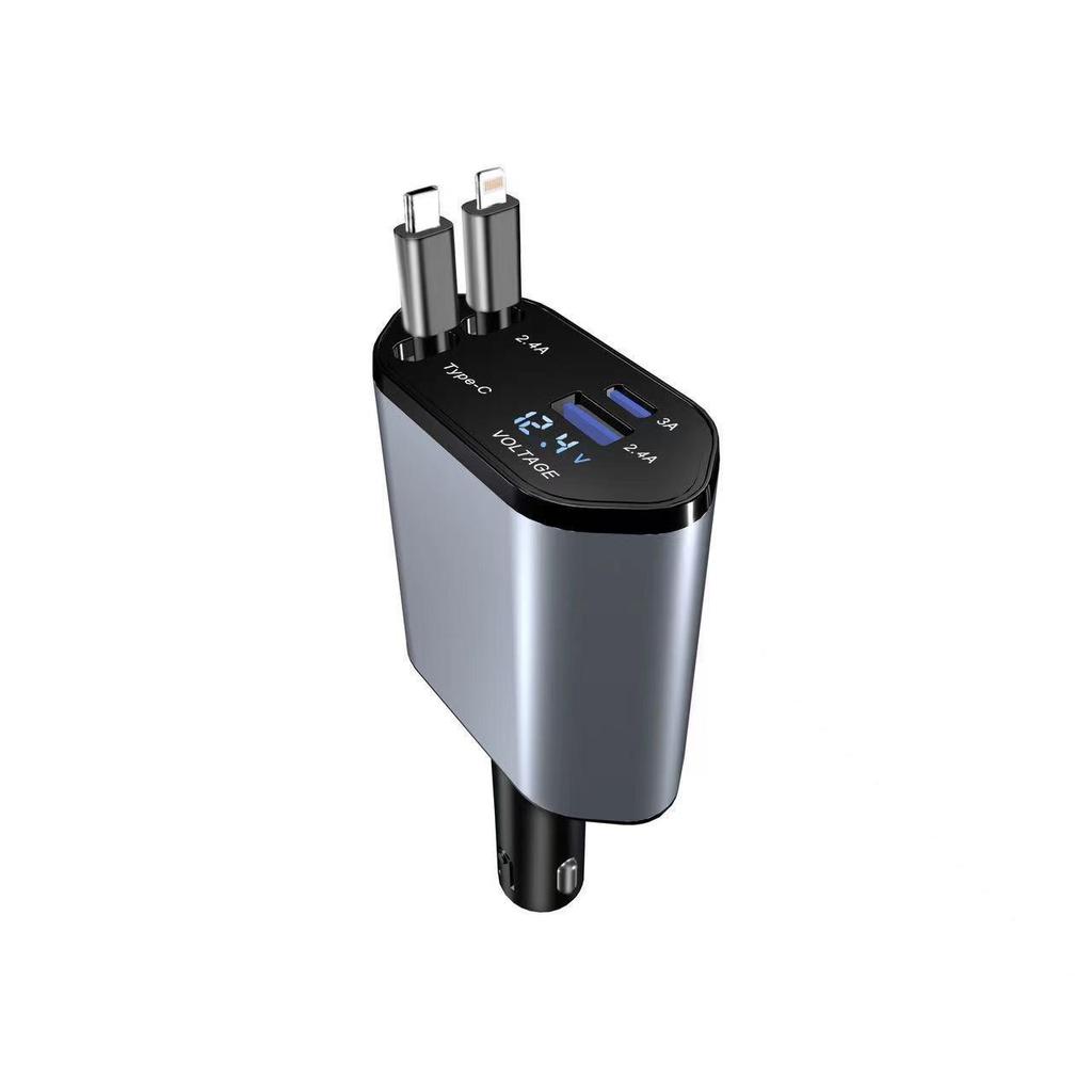 120W Aluminum Alloy Car Charger with Retractable Cable, Super Fast Charging, Four-in-One for Apple Devices