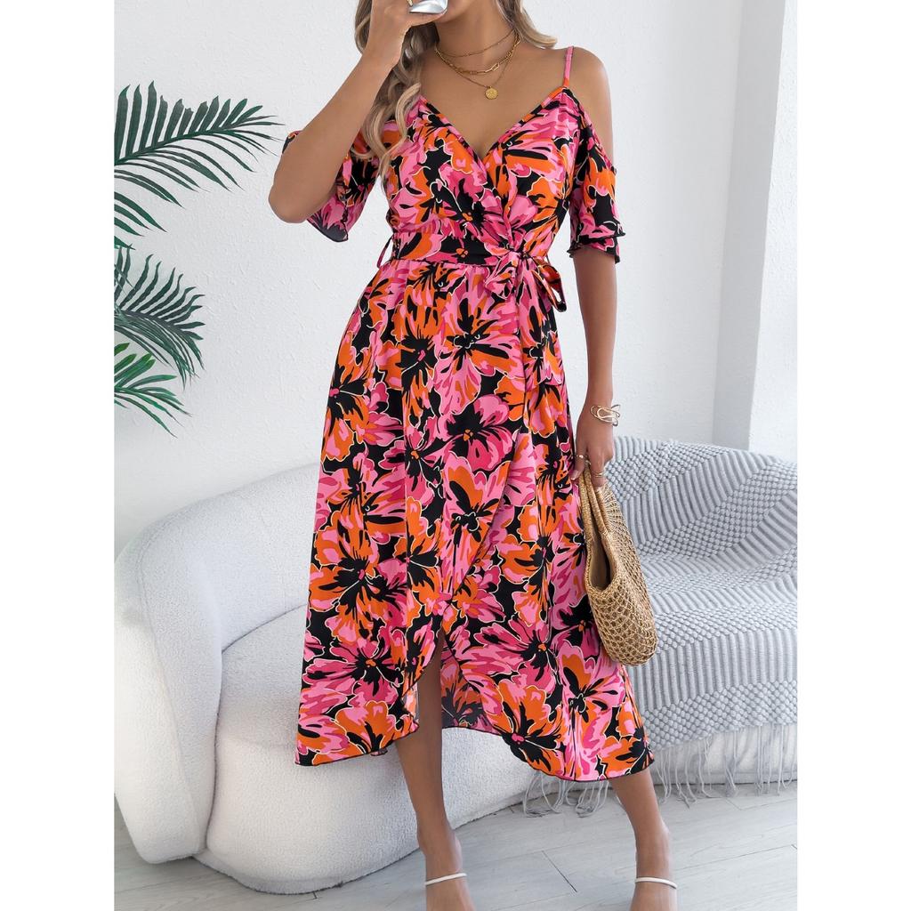 2025 New Fashion Trend Spring Summer Off-the-shoulder Crossover V-Neck Flower Suspendron Maxi Dress Resort Dress Women's
