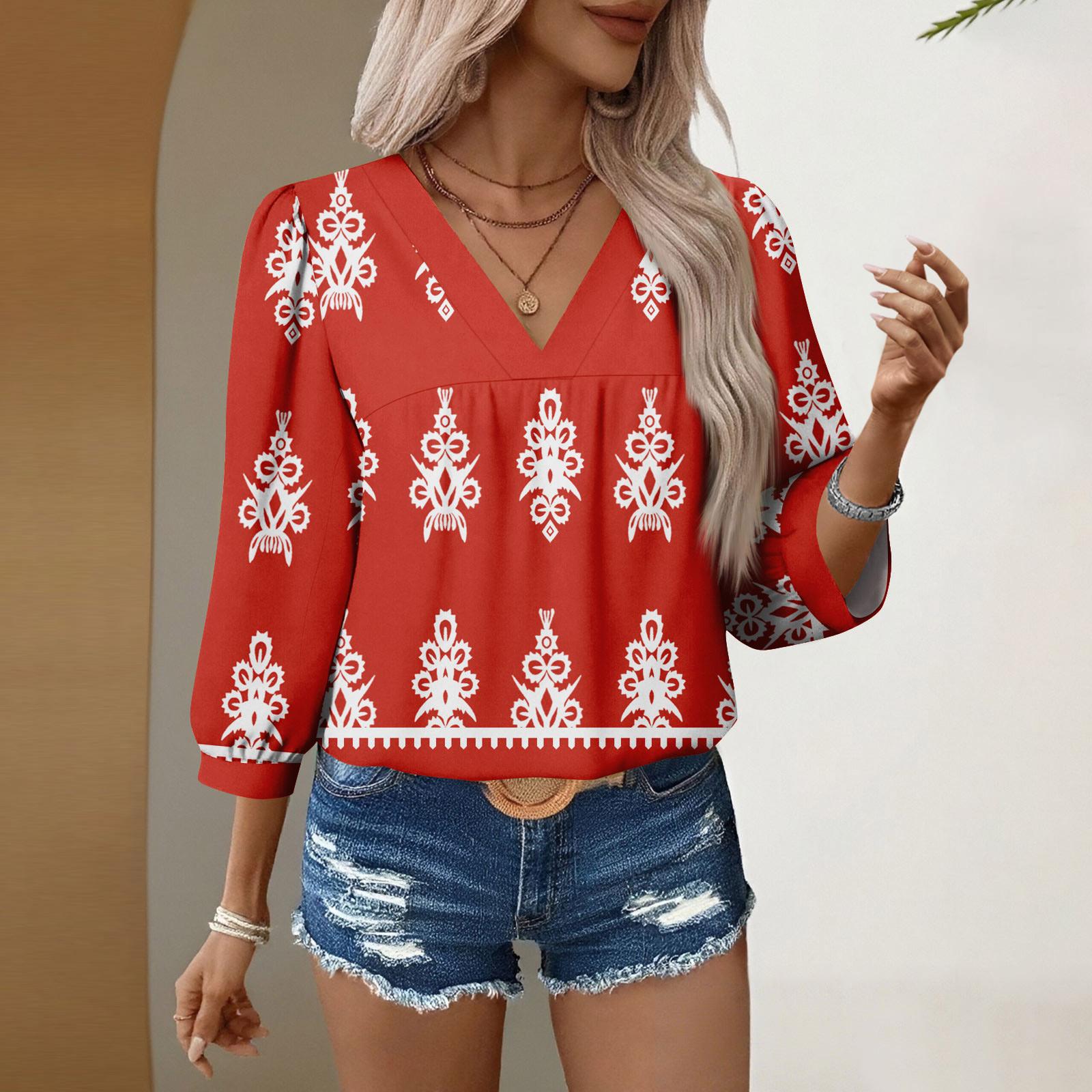 

Женские повседневные блузки с V-образным вырезом и цветочным принтом, рукав 3/4, бохо, осенние топы, рубашки XL красный