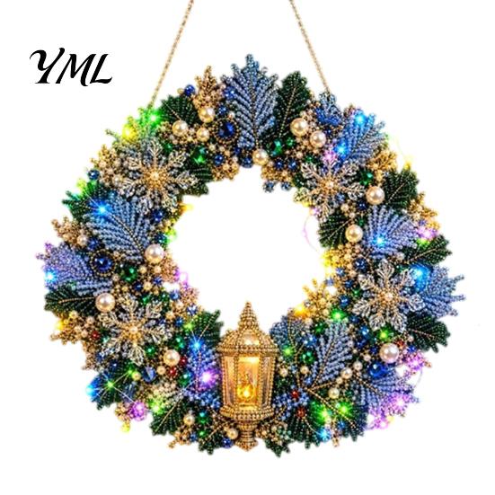 DIY Heimurlaubsdekoration Acryl Weihnachten Kunstperlen Aufhänge-Set, Beleuchteter Kranz 3D Perlen Bastelmalerei Set Kit mit LED-Lichterkette,