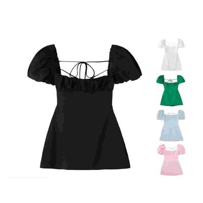 Dam Vit Mode Linblandningsklänning Kvinnlig Fyrkantig Hals Kort Puffärm Rygglös Korsade Band Klänning För Dam