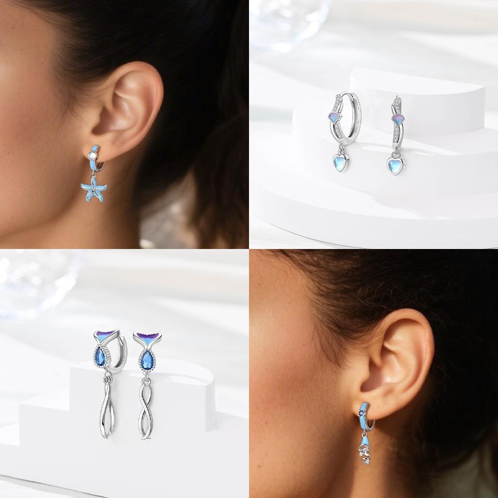 Authentic Original Delicate Copper Metal Dreamy Crystal Fish Tail Earring Blue Sea Star Petal Women's Stud High Quality Fine Jewelry Girlfriend