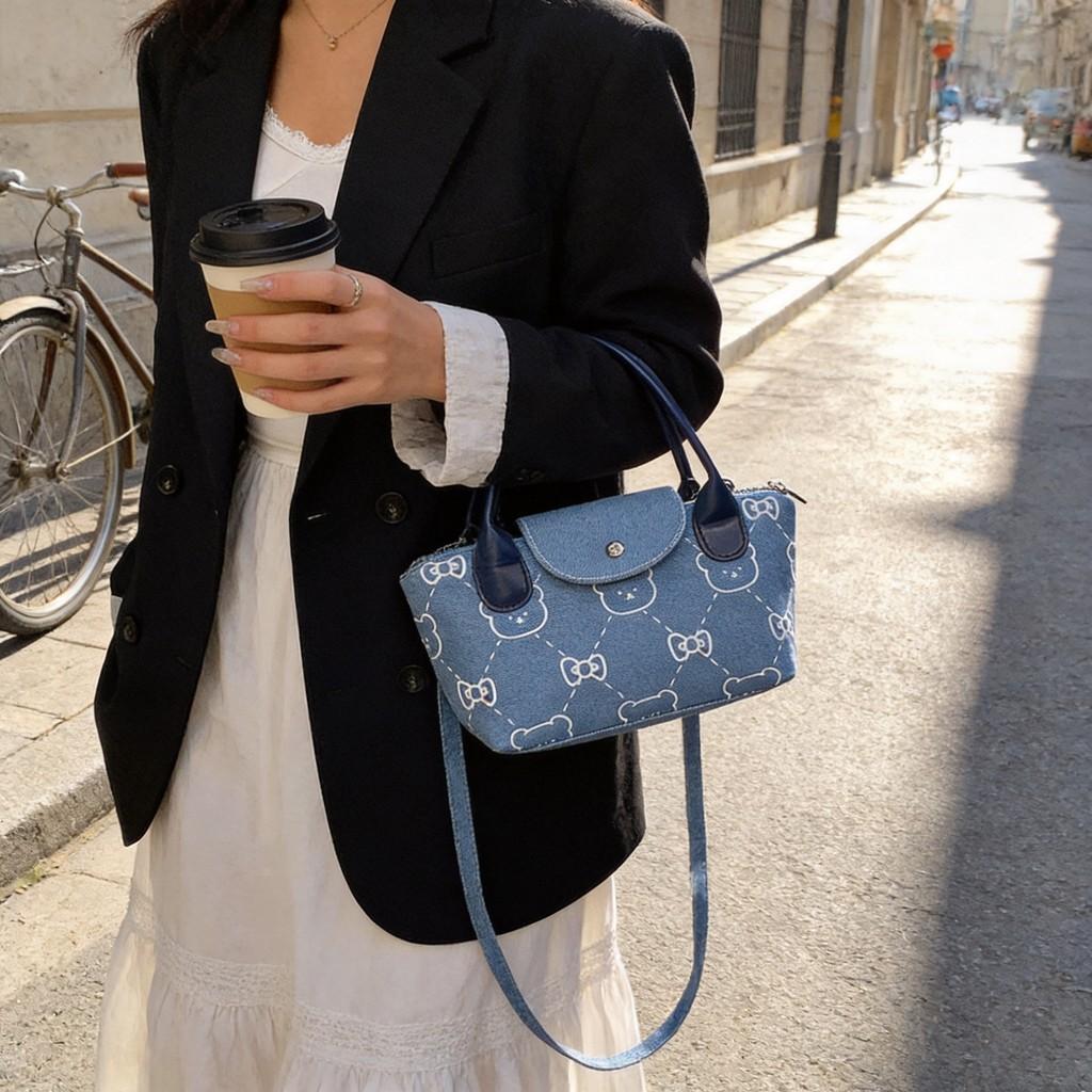 Cute Printed Denim Handbag With Flap Pocket For Ladies Casual Everyday Use