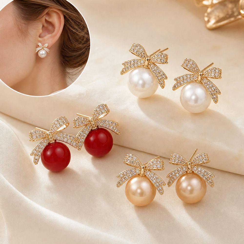 Exquisite Small Bow-knot Pearl Earrings Sparkling Rhinestone Light Luxury Earrings Birthday Gifts