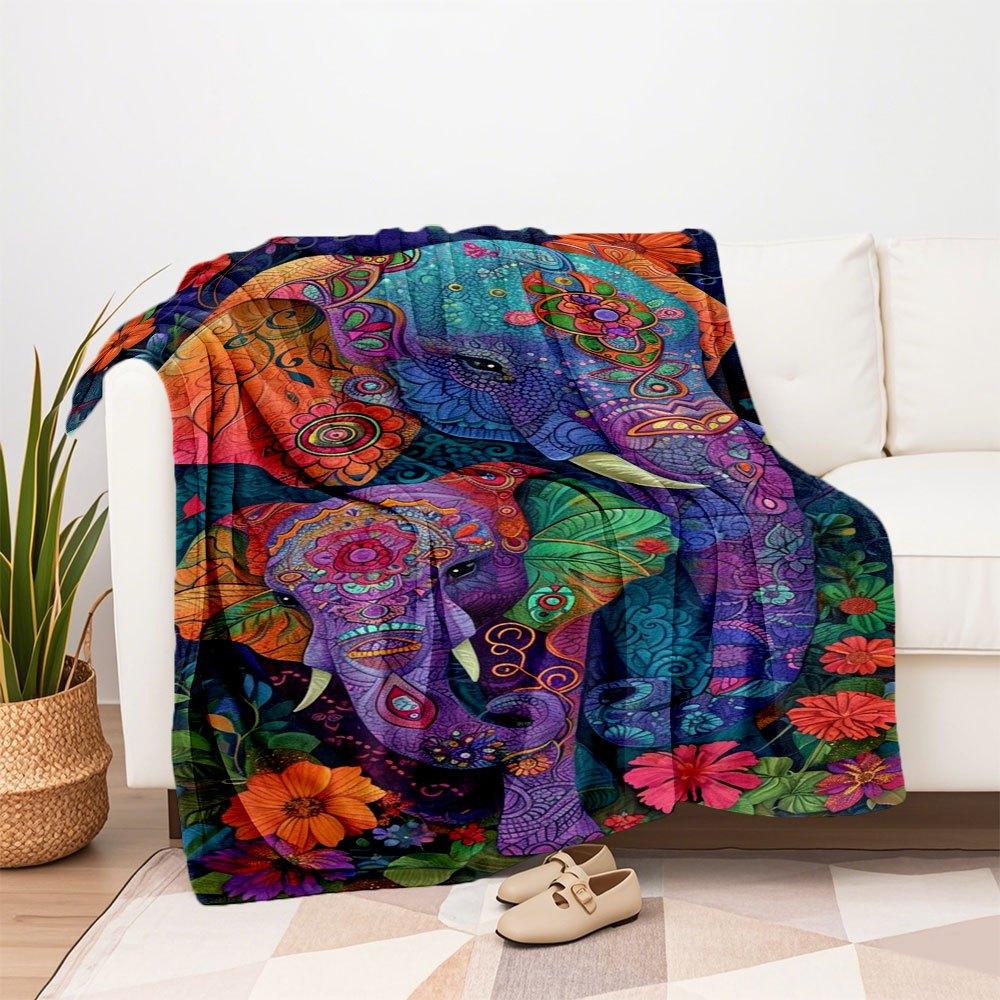 Colorful Elephant Family Art Print - Bohemian Floral DecorBlanket Flannel Throw Blanket for Sofa, Bed, Travel, Camping, Office, Couch, Chair