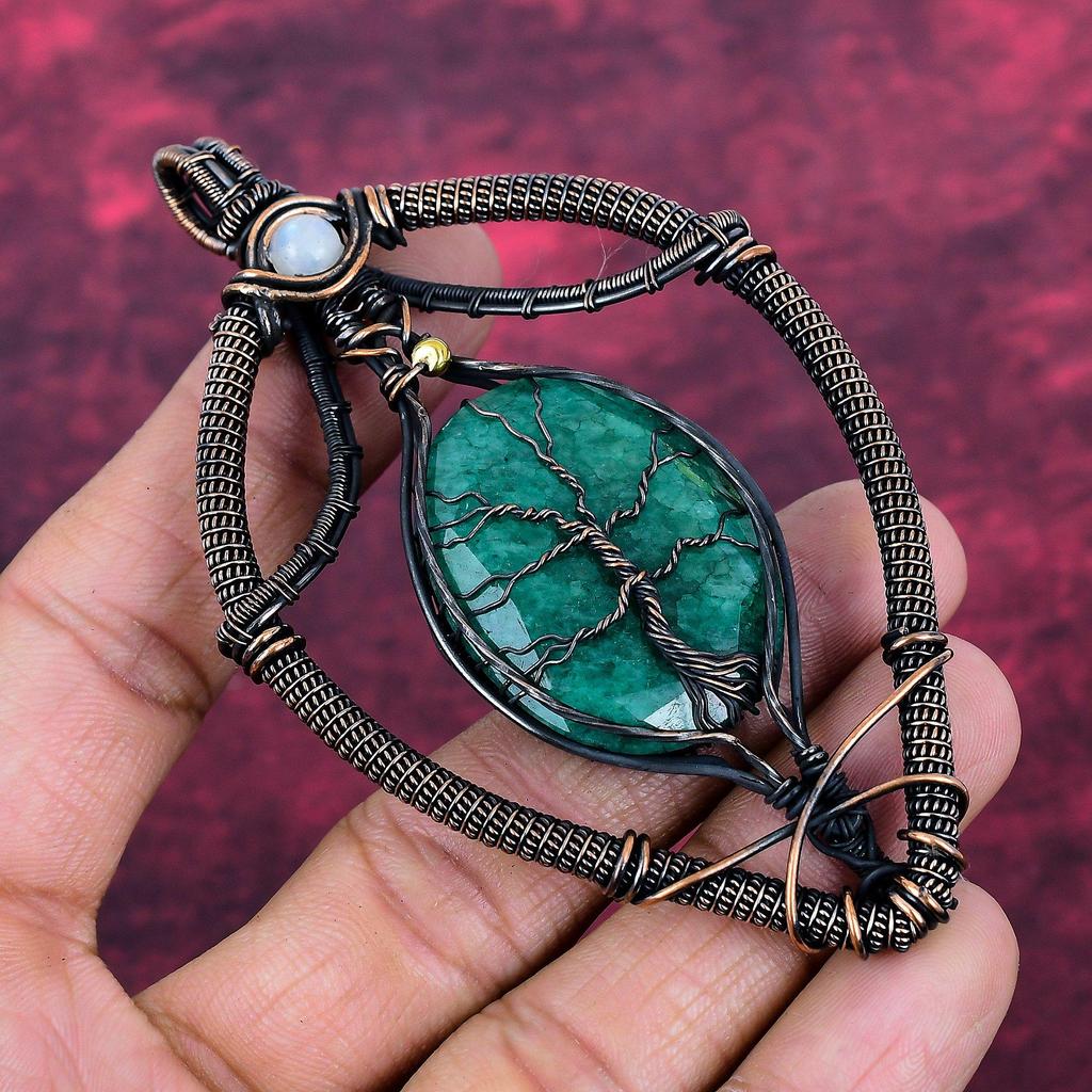 Tree Of Life Faceted Zambian Emerald Pendant Rainbow Moonstone Jewelry Copper Wire Wrapped Pendant
