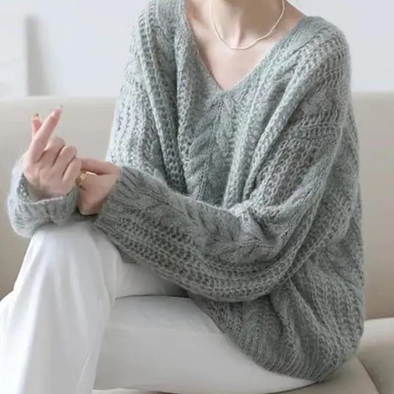 Sweater Pullovers Tops Women Long Sleeves Autumn Oversized Hollow-out V-Neck Loose Long Sleeve Pullover Tops