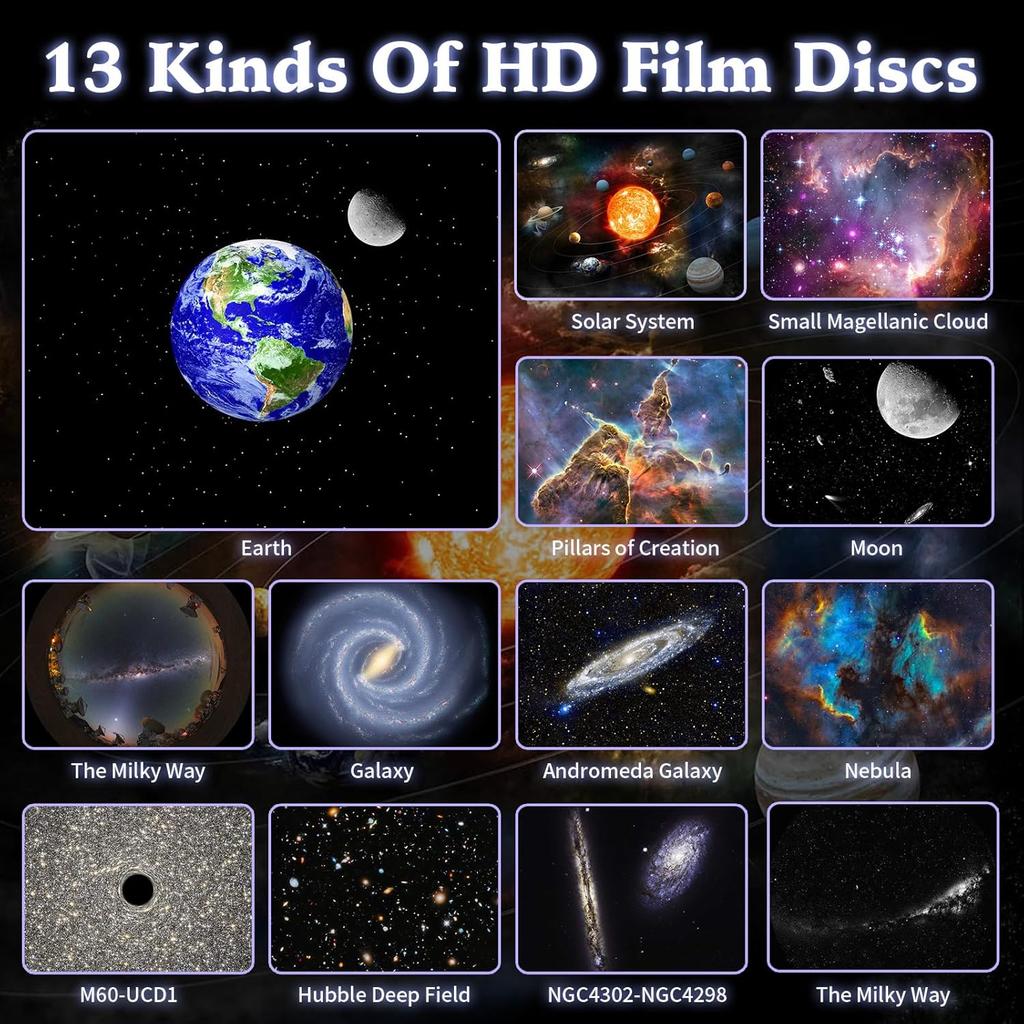 Bedroom Galaxy Projector Night Light HD Image Star Projector 13 Film Discs Kids Planetarium Projector 360° Rotation Galaxy Light