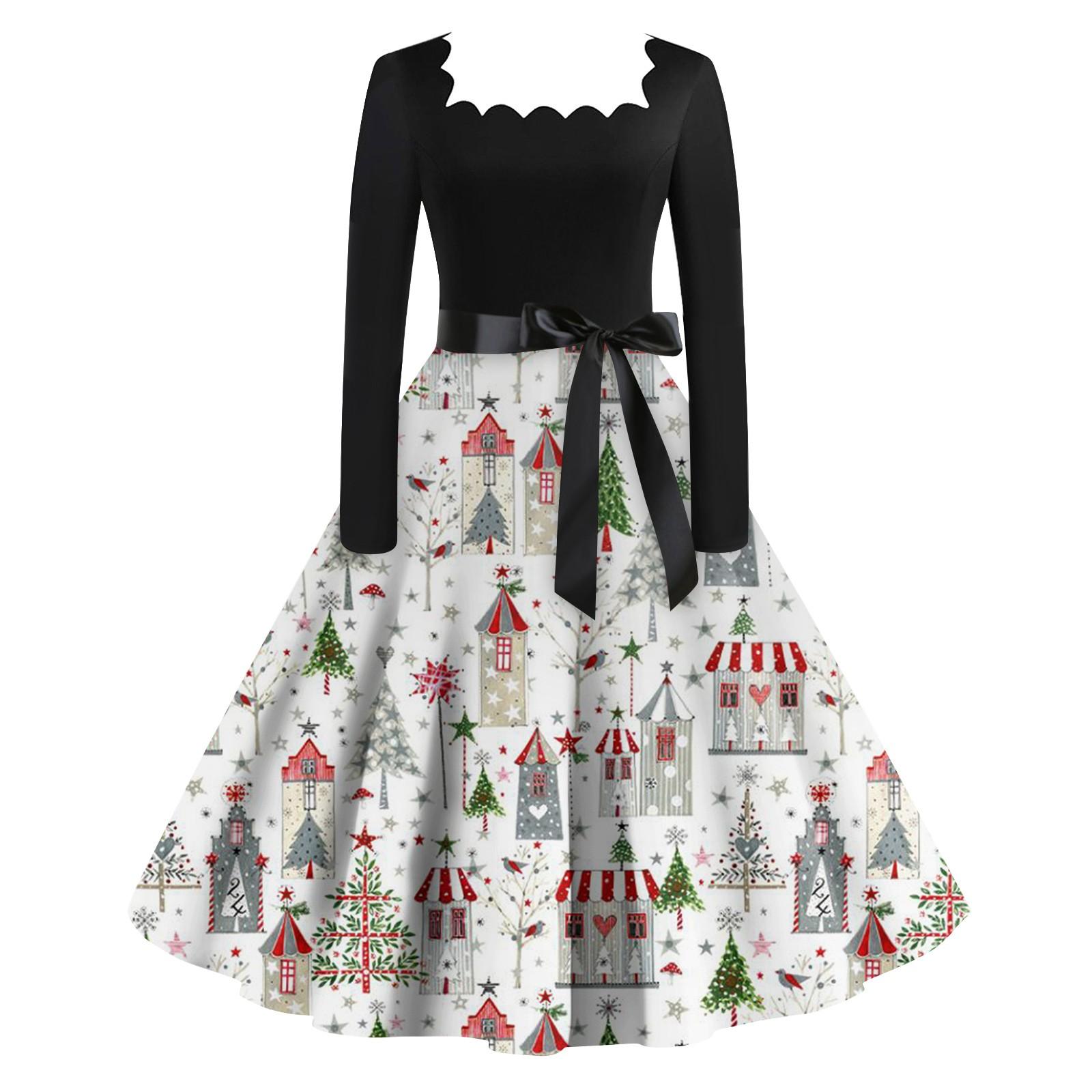 Женская мода винтаж с длинным рукавом квадратный вырез рождественский принт вечерние — фото 11