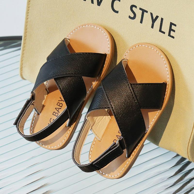 Kids Cross Strap Open Toe Velcro Sandals Summer Casual Beach Shoes For Boys Girls