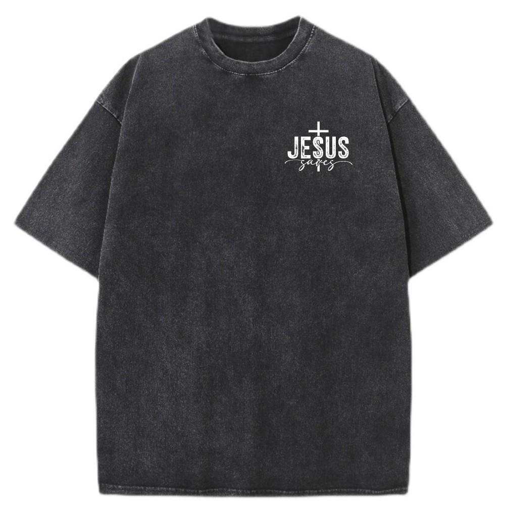 Mens Vintage Oversized Washed TShirt Cotton Jesus Saves Faith Cross Casual Tee