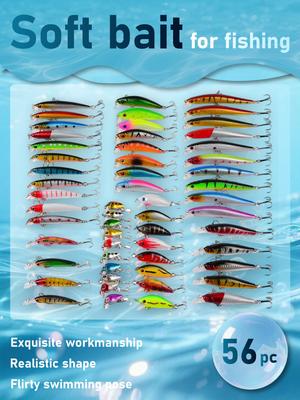 56-Piece Fishing Soft Bait Lures Set: Realistic Swimbaits for Freshwater/Saltwater Fishing (Minnow & Crankbait Assortment)