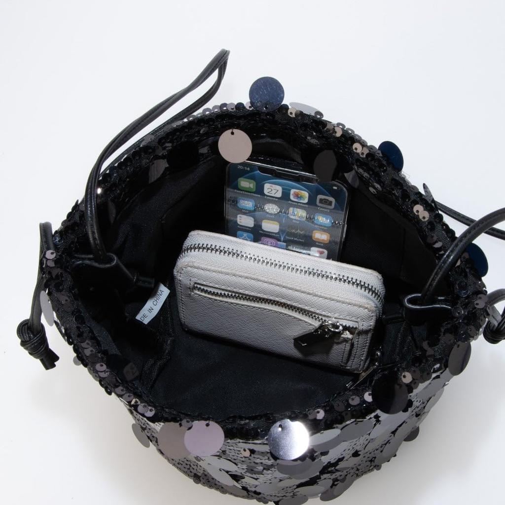 Kashkash 2-Wege Pailletten Kordelzug Umhängetasche, 01-00-81700, Damen, Schwarz