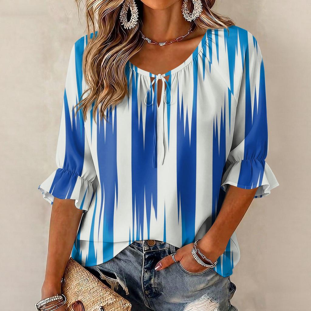 Women's Retro Floral Print Blouse with Ruffle Three-Quarter Sleeves and Tie Front