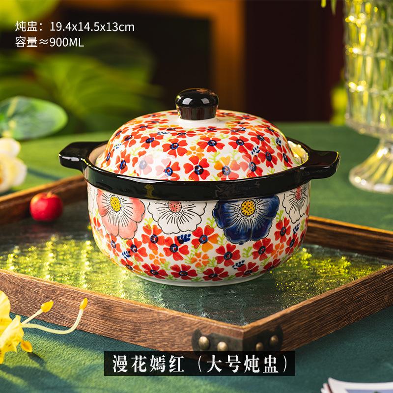 Hand-painted Ceramic Large Stew Cup, Household Soup Cup with Lid, Water-proof Soup Pot, Household New Water-proof Stew Dessert Bowl Stew Pot