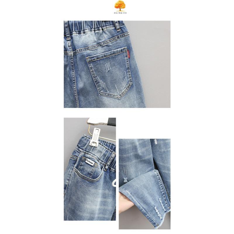 Damen Hellblau Gewaschen Used Elastischer Bund Kordelzug Harlan Jeans Aufgeschlagene Manschette Lässige Jeanshose