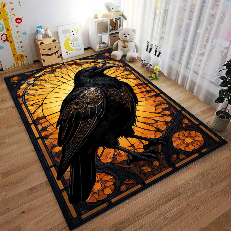 Gothic Style Black Raven Carpet with Golden Stained Glass Design Suitable for use as an anti-slip for living room bedroom sofas
